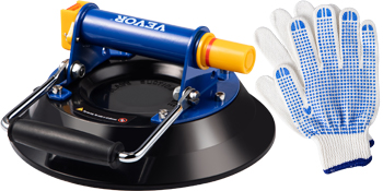 VEVOR glass lifting vacuum suction cup with blue and white safety gloves.