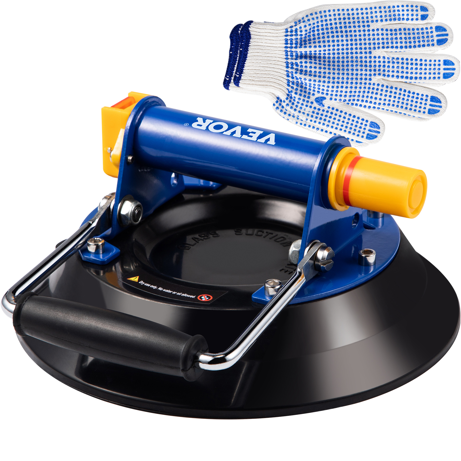 VEVOR glass lifting vacuum suction cup with blue safety gloves.