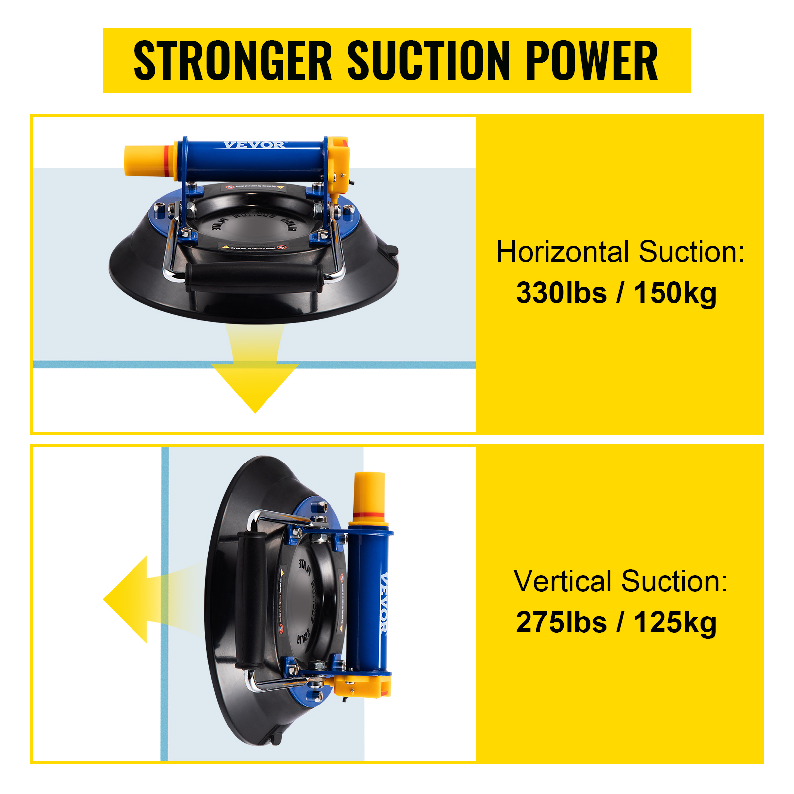 VEVOR glass lifting vacuum suction cup with 330lbs horizontal, 275lbs vertical suction.