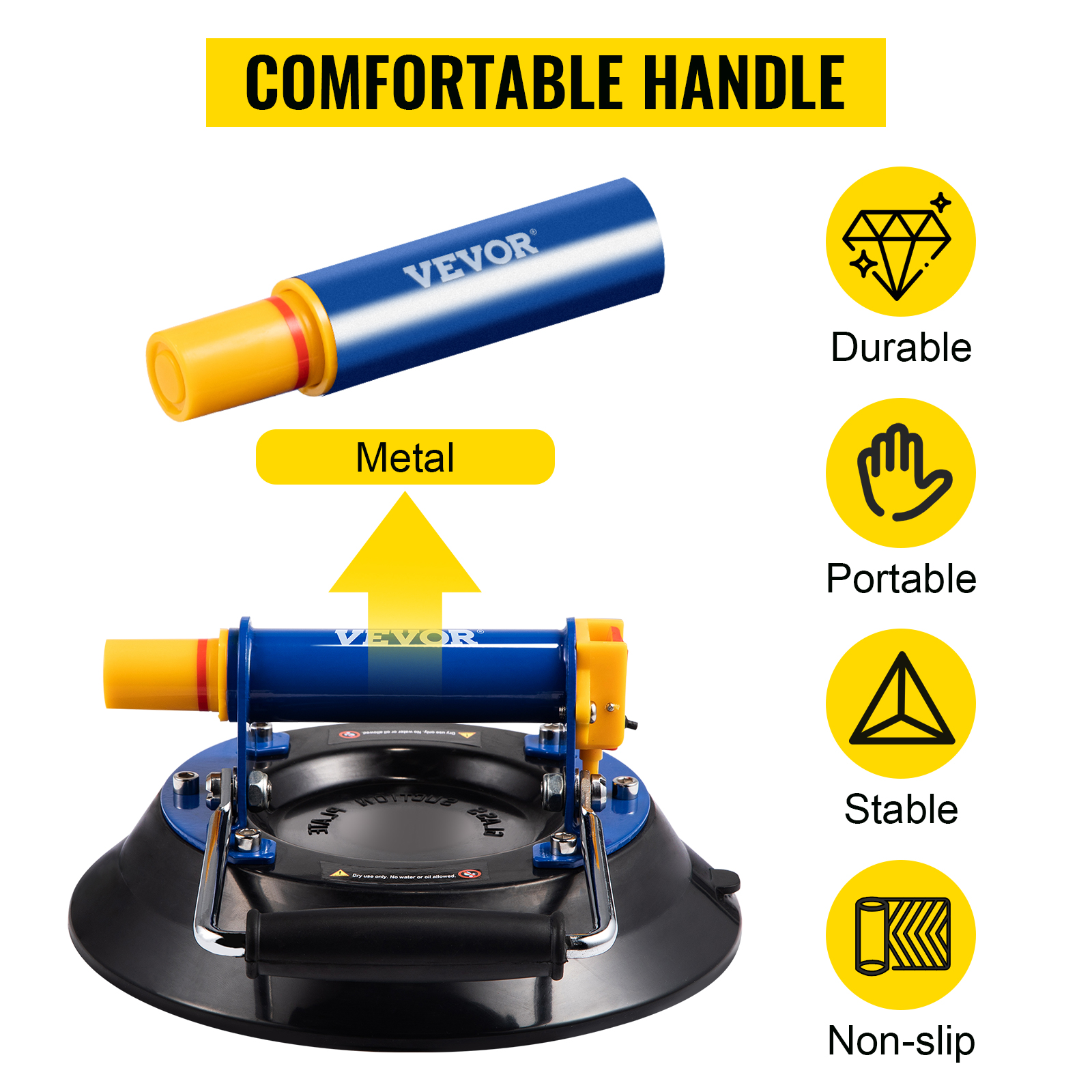 VEVOR glass lifting vacuum suction cup with comfortable handle, durable, stable, portable, non-slip.