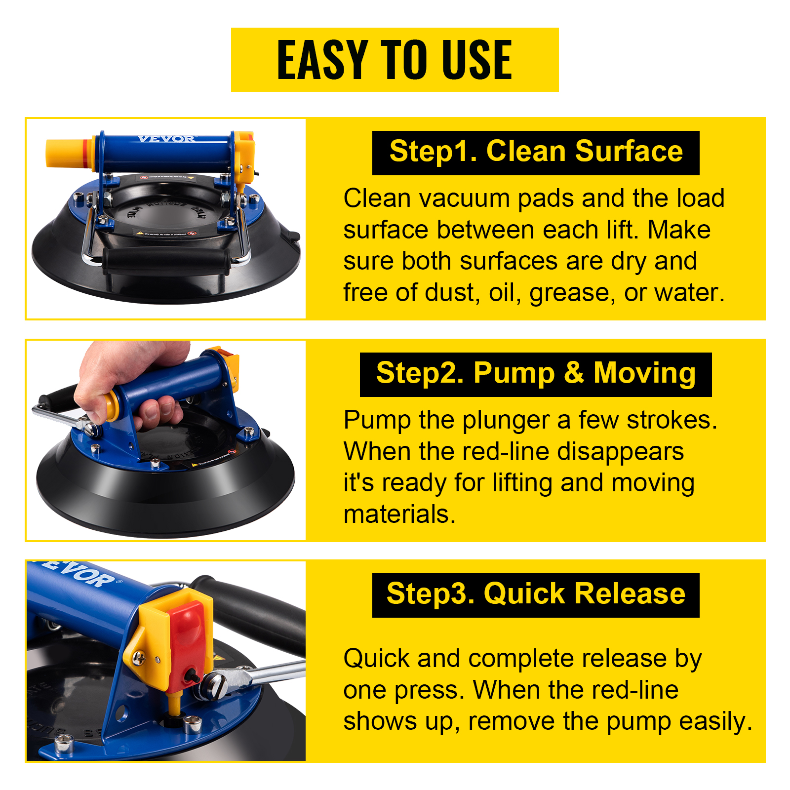 VEVOR glass lifting vacuum suction cup instructions for cleaning, pumping, and releasing.