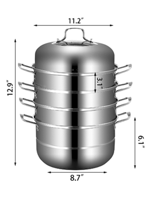 VEVOR stainless steel steamer with four tiers, 11.2"w x 12.9"h, 8.7" diameter.