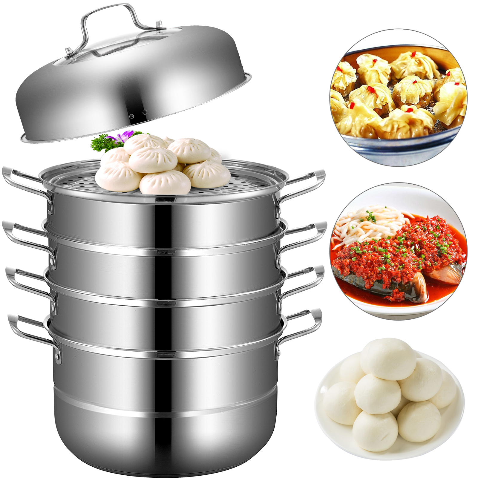 VEVOR stainless steel steamer with stacked tiers and various steamed dishes.