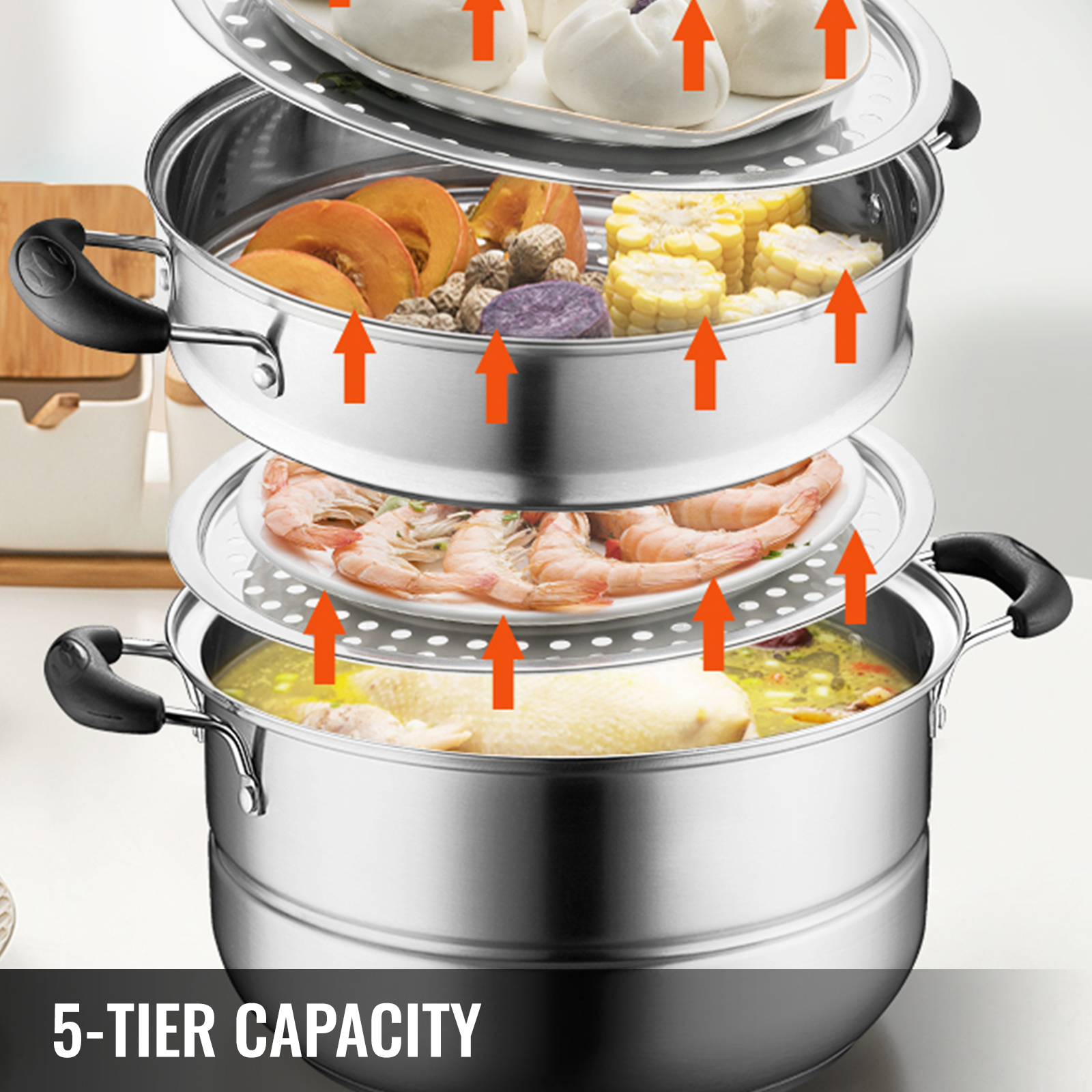 VEVOR stainless steel steamer with 5-tier capacity, cooking various foods.