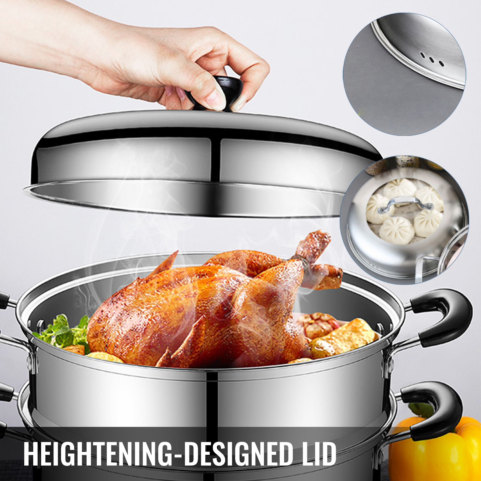 VEVOR stainless steel steamer with a turkey and heightening-designed lid.