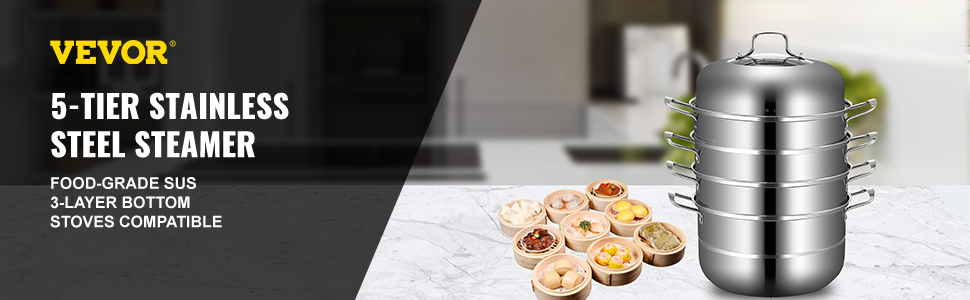 VEVOR dumpling steamer, 5-tier stainless steel with food on marble countertop.