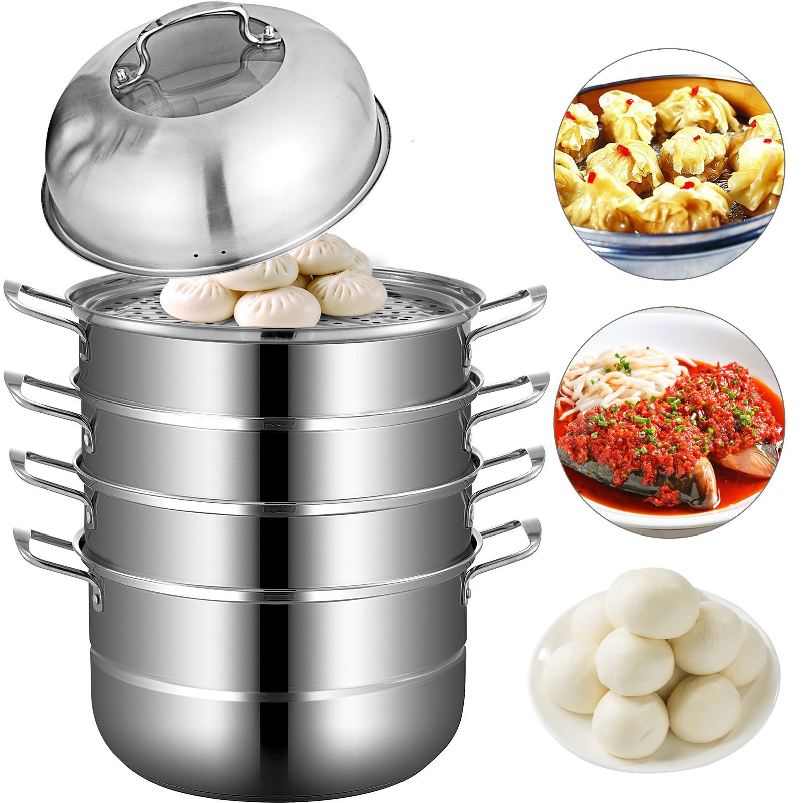 VEVOR dumpling steamer with multiple tiers and steamed food examples in small circles.