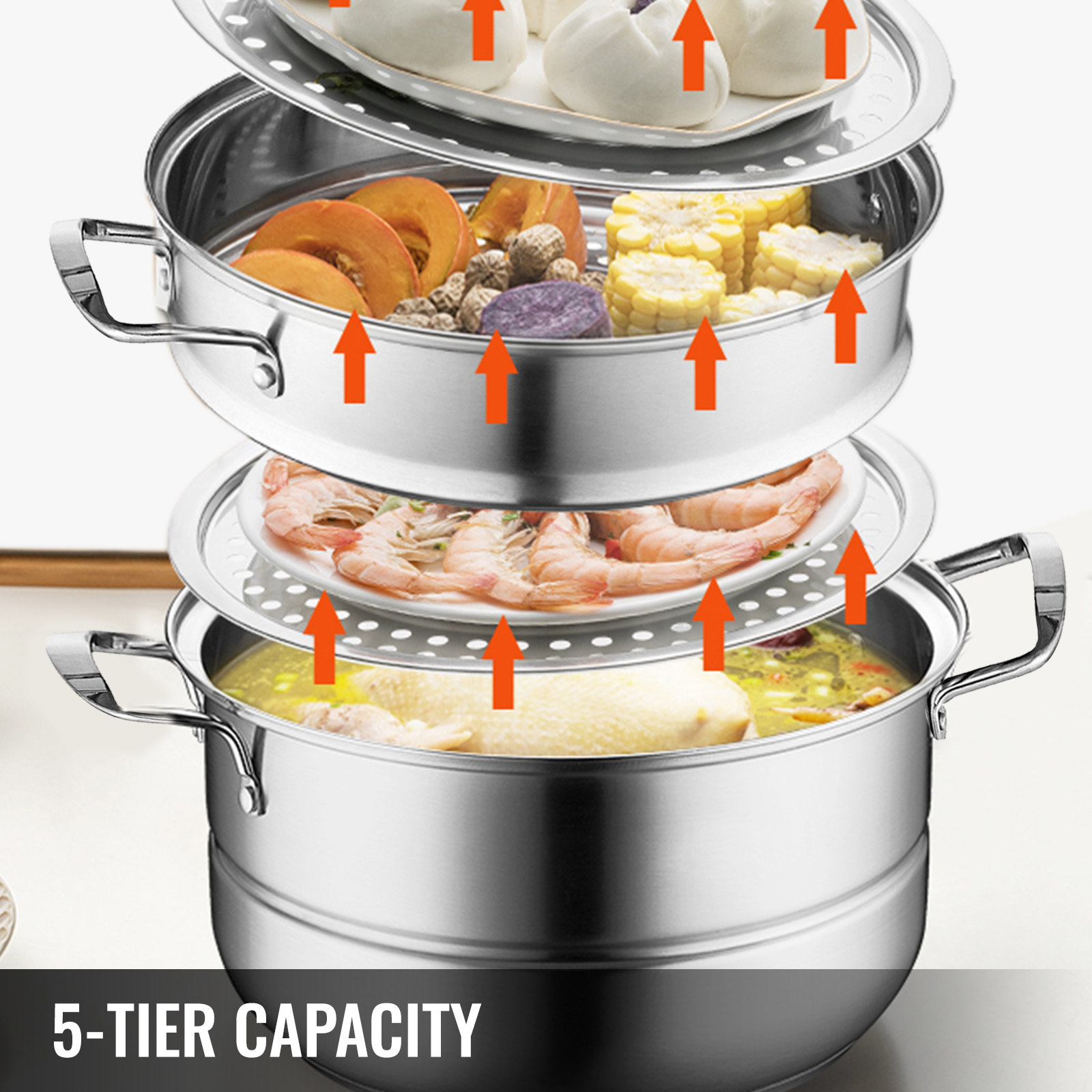 stainless steel VEVOR dumpling steamer with 5-tier capacity and assorted foods.