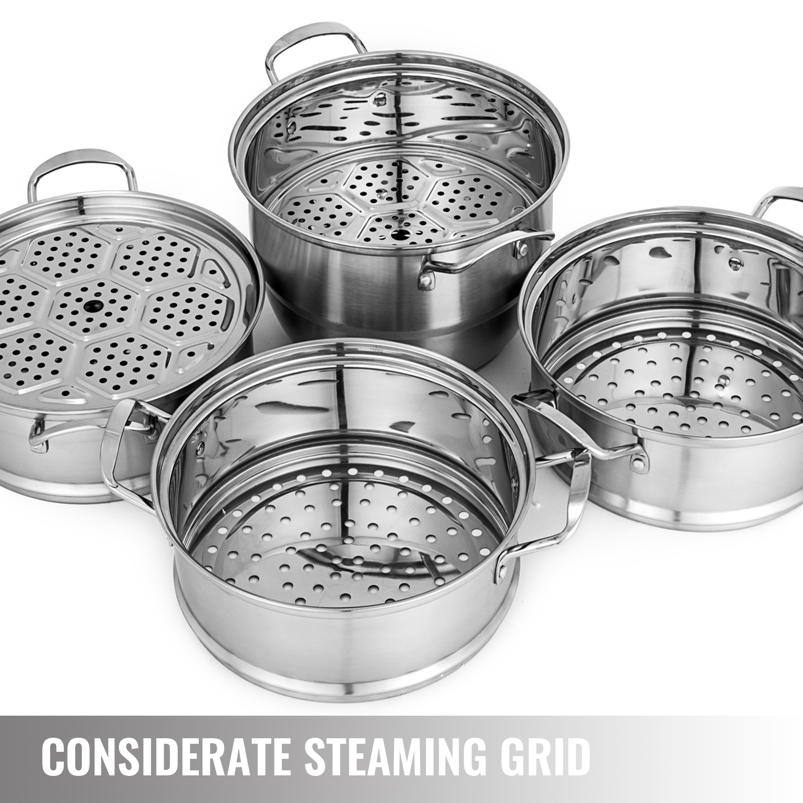 VEVOR dumpling steamer showcasing multiple stainless steel steaming trays.
