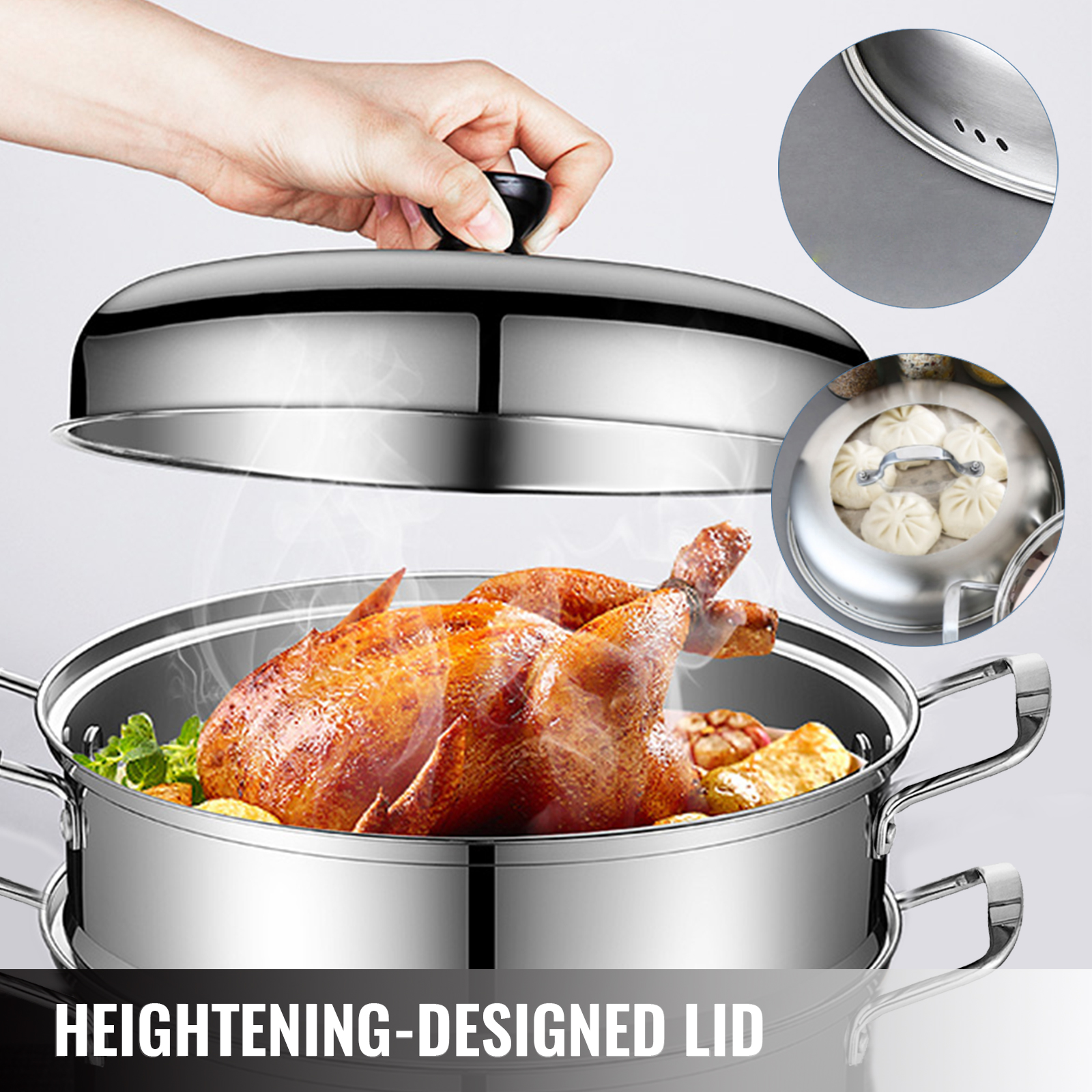 hand lifting lid of VEVOR dumpling steamer with cooked chicken and insert showing dumplings.