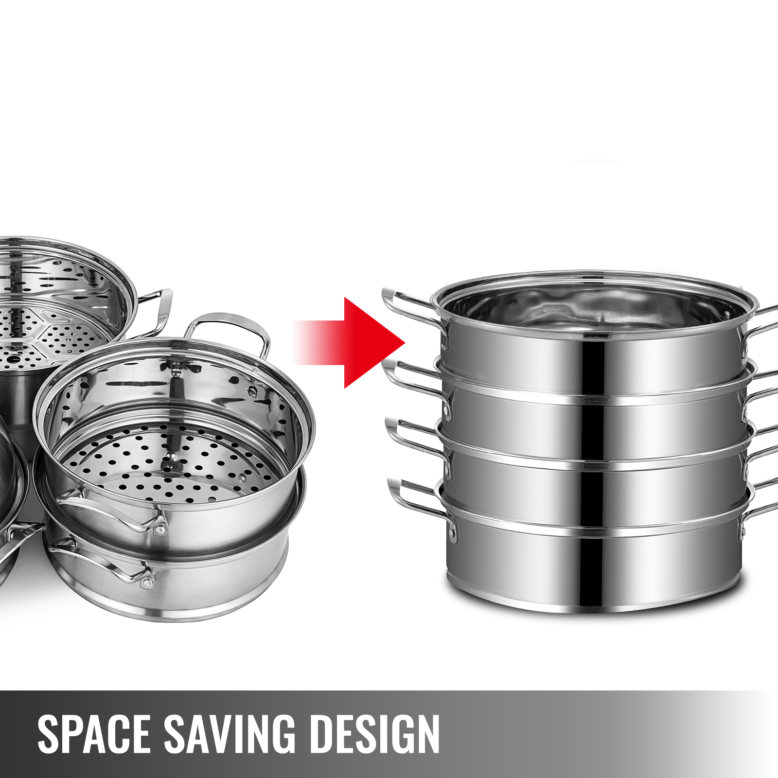 VEVOR dumpling steamer space-saving design, showing stacked stainless steel steamers.