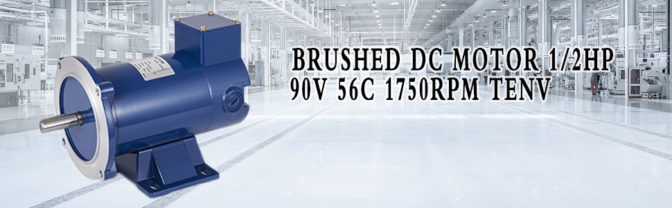 brushed dc motor 1/2hp 90v 56c 1750rpm tenv on factory background. VEVOR dc motor