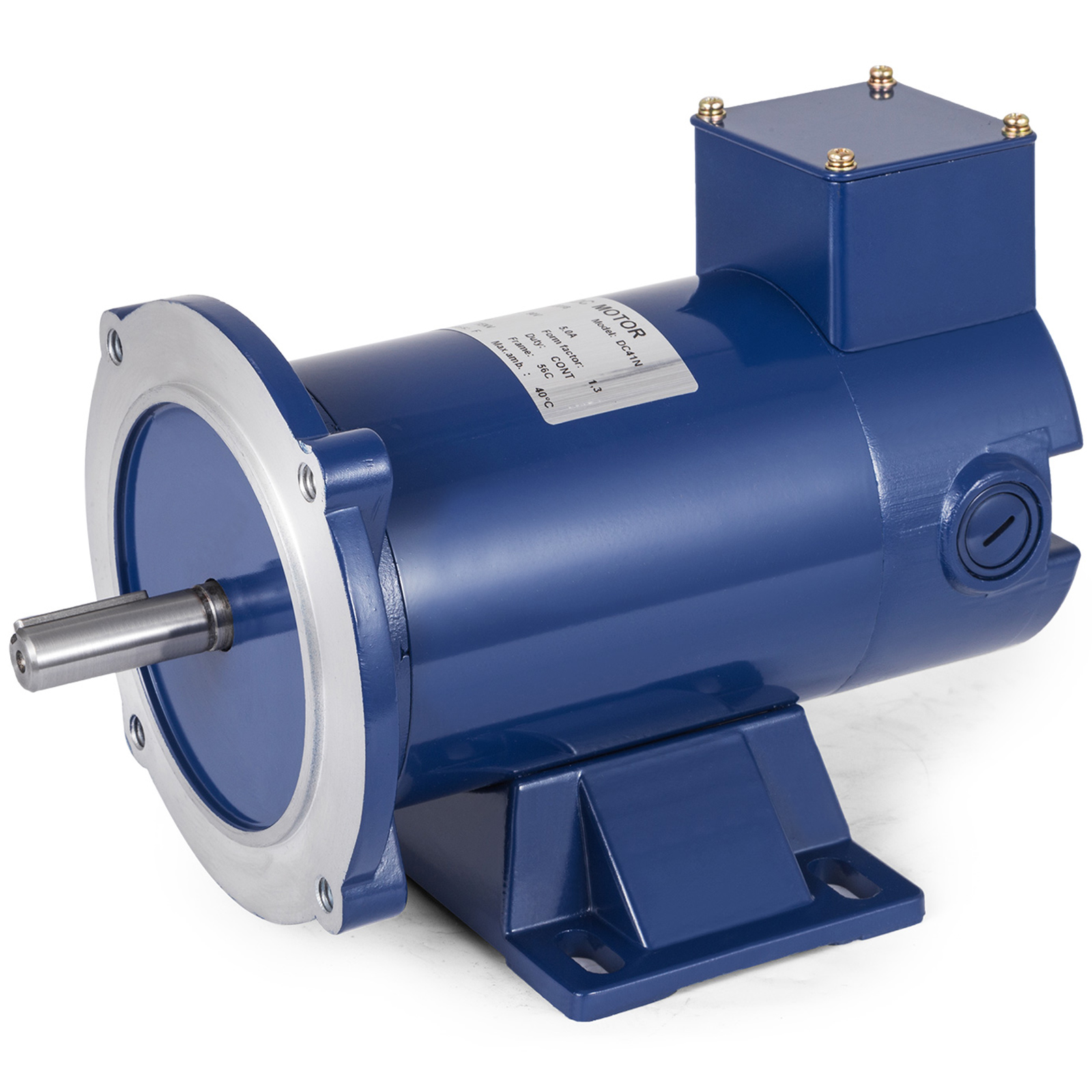 blue VEVOR dc motor with metallic shaft on a mounting base.
