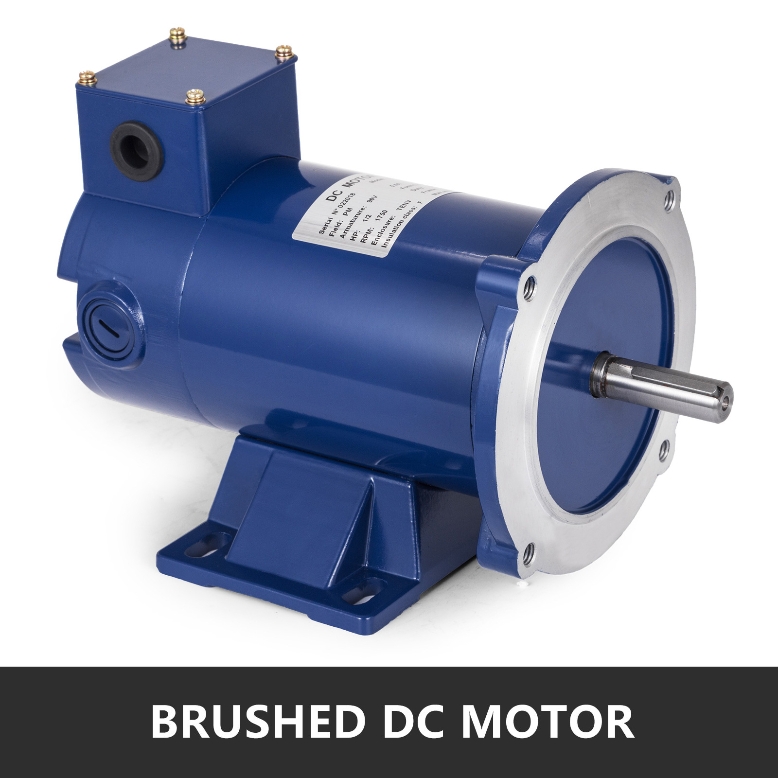blue VEVOR dc motor on white background, labeled "brushed dc motor".