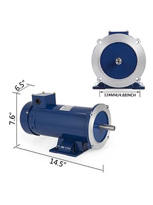 VEVOR līdzstrāvas motors zilā krāsā, ar izmēriem: 14,5 "x7,6" un 6,5 "x124mm/4,88 collas.