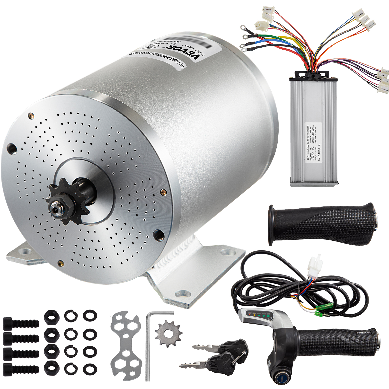 VEVOR 2000w brushless motor with controller, throttle, keys, and mounting hardware.