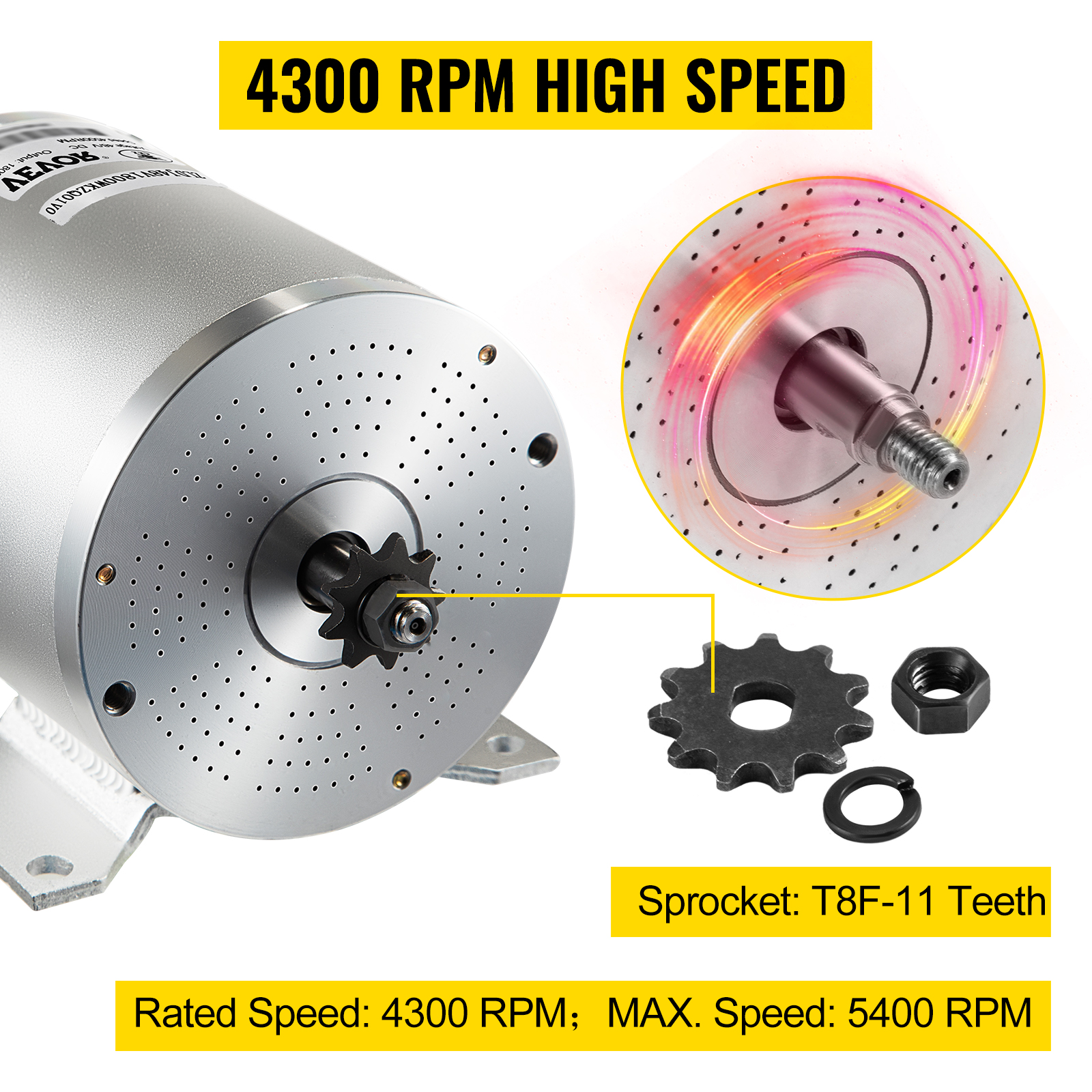 VEVOR 2000w brushless motor with t8f-11 teeth sprocket, 4300 rpm speed.