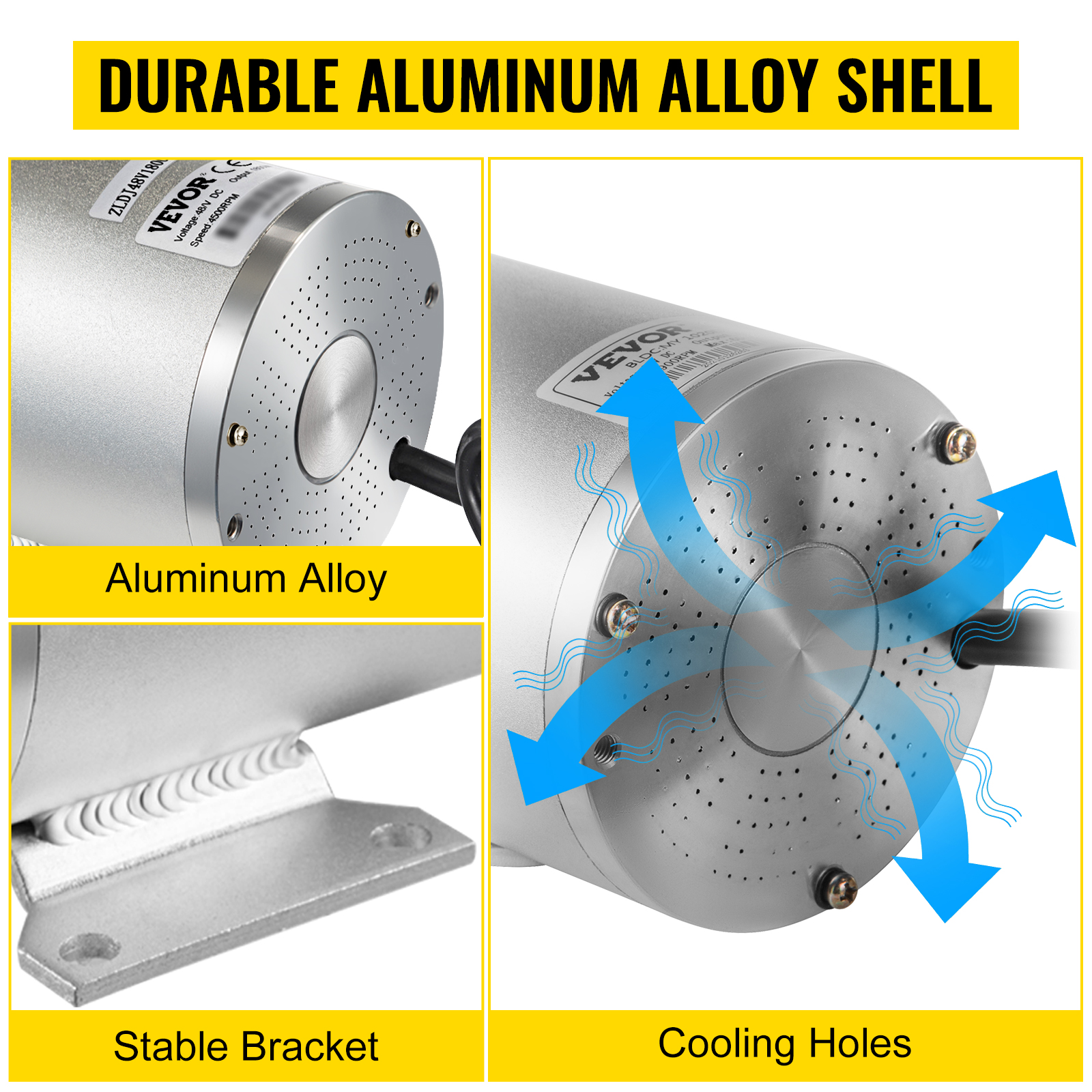 VEVOR 2000w brushless motor with aluminum alloy shell, cooling holes, and stable bracket.
