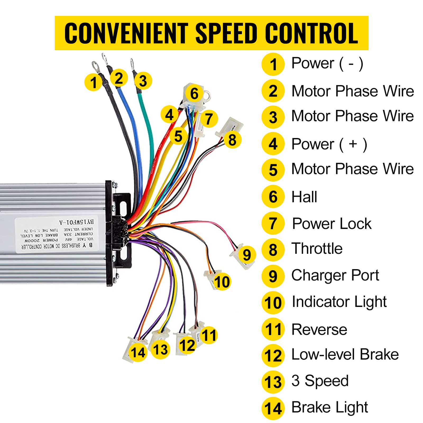 VEVOR 2000w brushless motor wiring diagram with labeled connections for speed control.