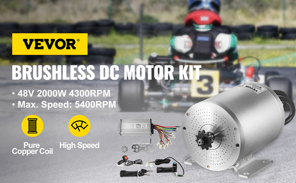 VEVOR electric brushless dc motor, 48v 2000w, max speed 5400rpm, high-speed kart in background.