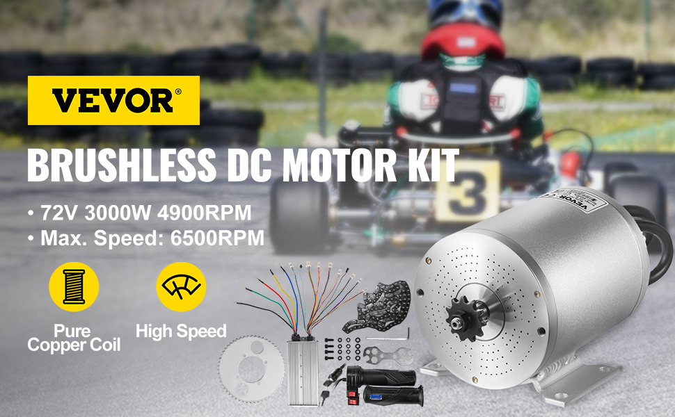 VEVOR electric brushless dc motor kit with 72v 3000w 4900rpm for high-speed performance.