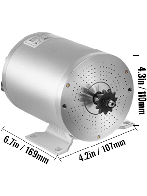 VEVOR electric brushless dc motor with dimensions: 6.7in/169mm, 4.2in/107mm, 4.3in/110mm.