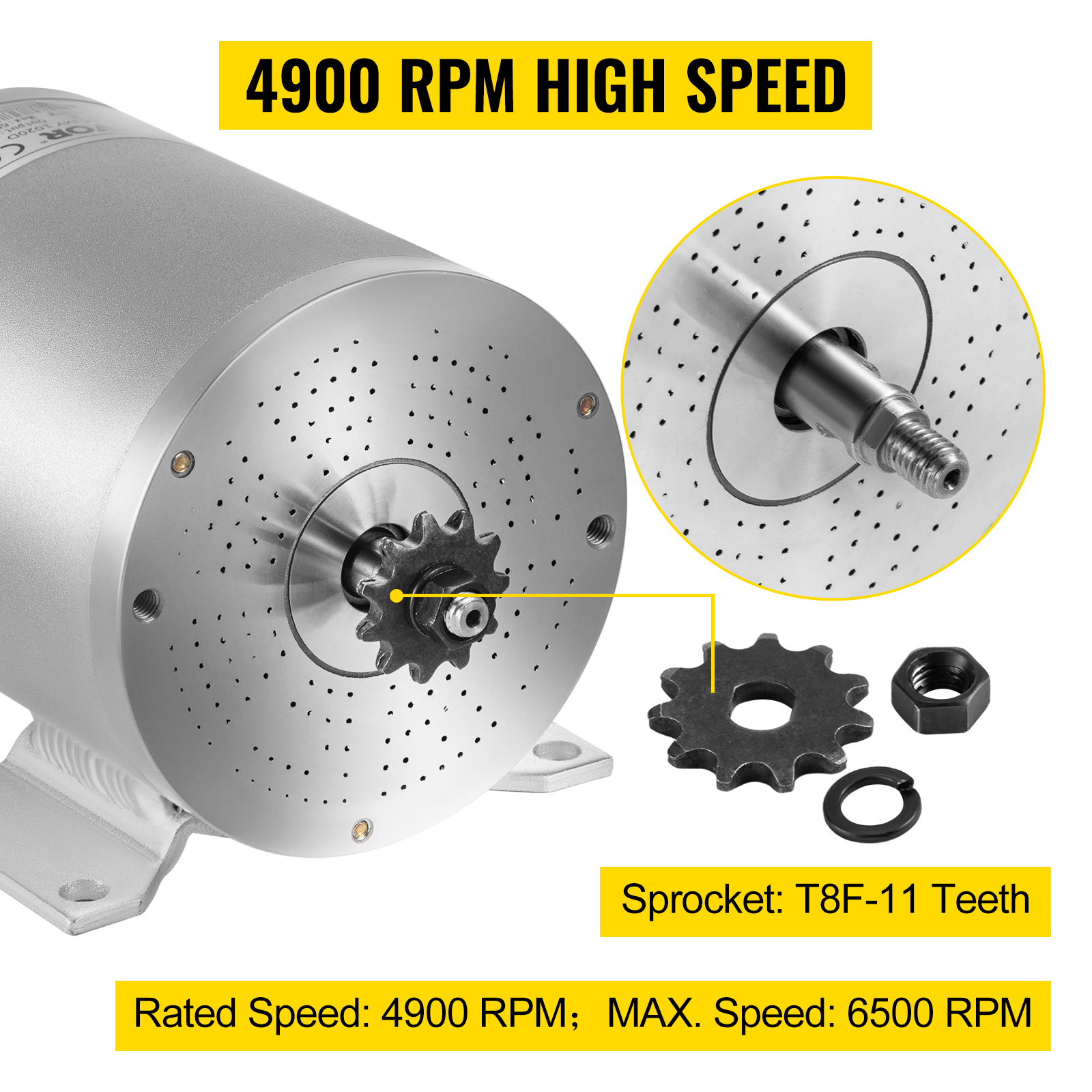 VEVOR electric brushless dc motor, 4900 rpm, t8f-11 sprocket, max speed 6500 rpm.