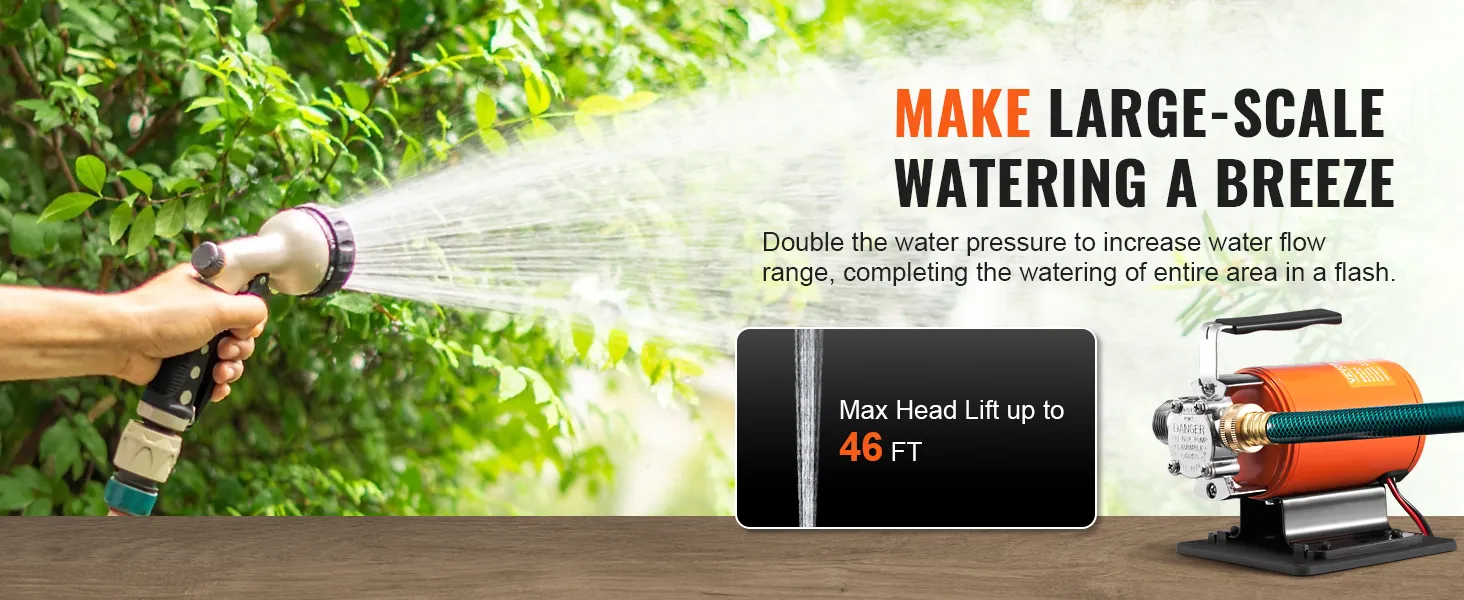 VEVOR water transfer pump; efficient watering with max head lift of 46 feet.
