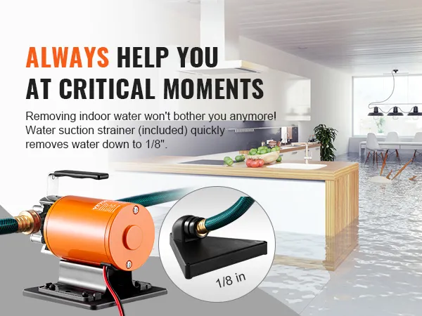 flooded kitchen with VEVOR water transfer pump, highlighting efficiency in removing water down to 1/8 inch.