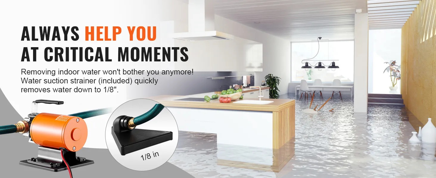 flooded kitchen with VEVOR water transfer pump, highlighting efficiency in removing water down to 1/8 inch.