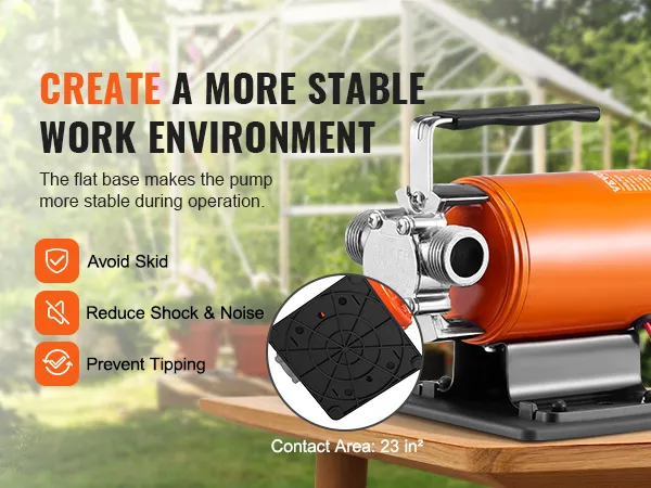 VEVOR water transfer pump with flat base for stability, avoiding skid, reducing noise, and preventing tipping.