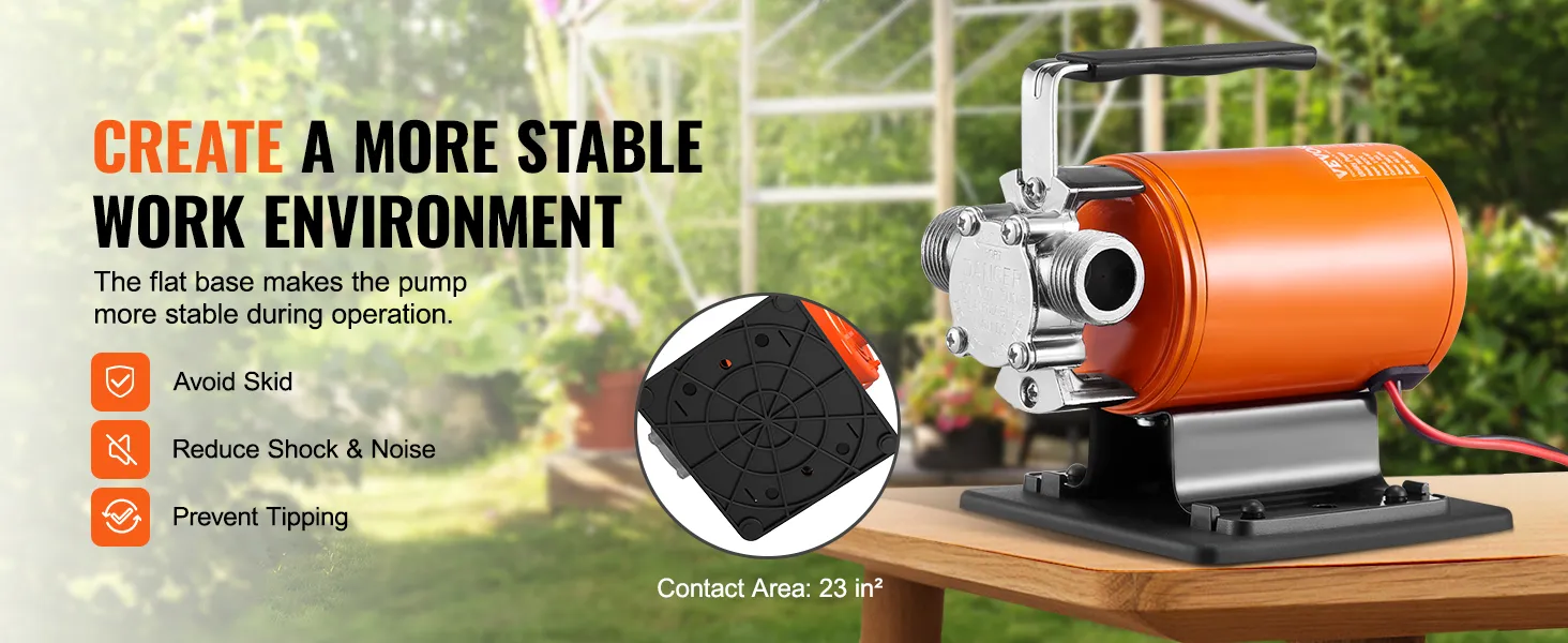 VEVOR water transfer pump with flat base for stability, avoiding skid, reducing noise, and preventing tipping.