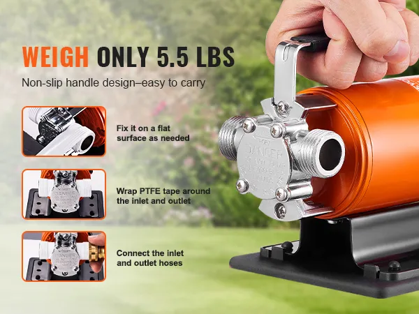 lightweight 5.5 lbs VEVOR water transfer pump with non-slip handle and easy installation steps.