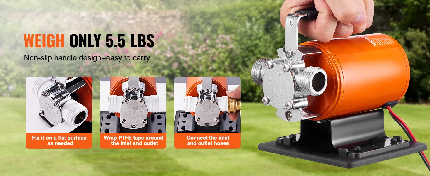 lightweight 5.5 lbs VEVOR water transfer pump with non-slip handle and easy installation steps.