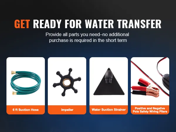 VEVOR water transfer pump with 6 ft suction hose, impeller, water suction strainer, and safety wiring pliers.
