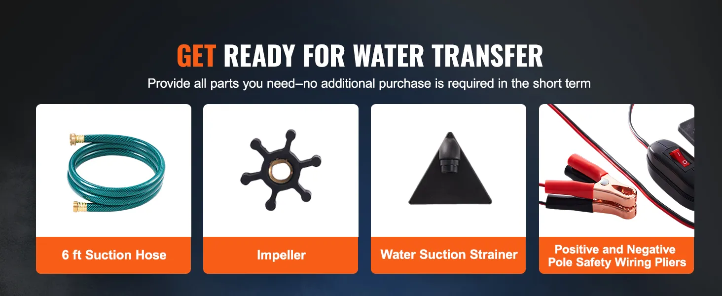 VEVOR water transfer pump with 6 ft suction hose, impeller, water suction strainer, and safety wiring pliers.