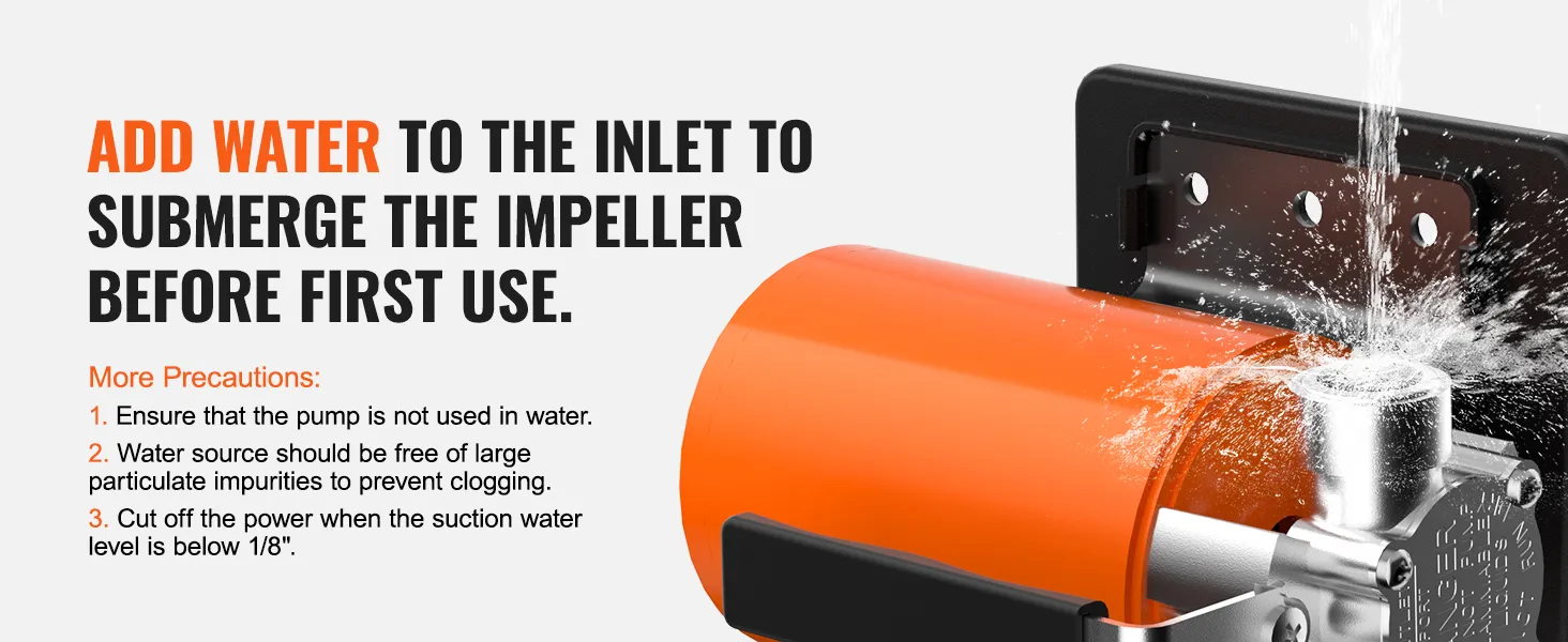 VEVOR water transfer pump with instructions to add water before first use to submerge the impeller.