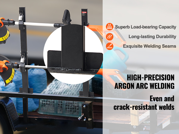 VEVOR trimmer rack mounted on a trailer showcasing robust construction and secure lock mechanisms.