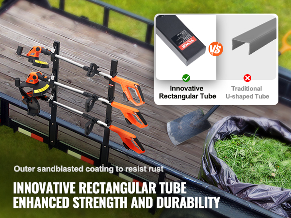 VEVOR trimmer rack with innovative rectangular tube design, sturdy construction, and sandblast coating.