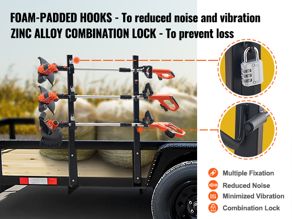 VEVOR trimmer rack on trailer with foam-padded hooks, combination lock, and minimized vibration features.