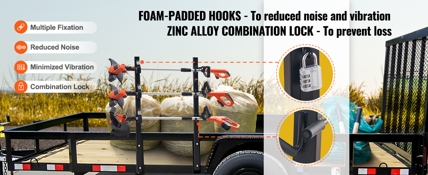 VEVOR trimmer rack on trailer with foam-padded hooks, combination lock, and minimized vibration features.