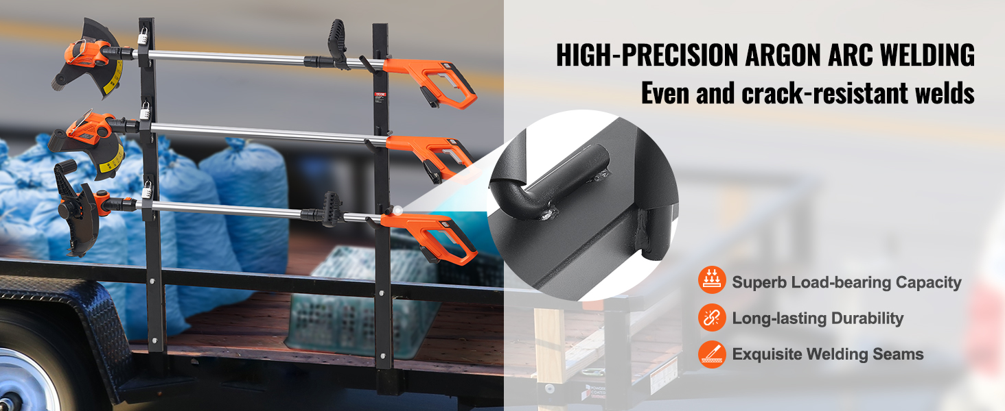 VEVOR trimmer rack holds three trimmers on a trailer, highlighting its superb load-bearing capacity.