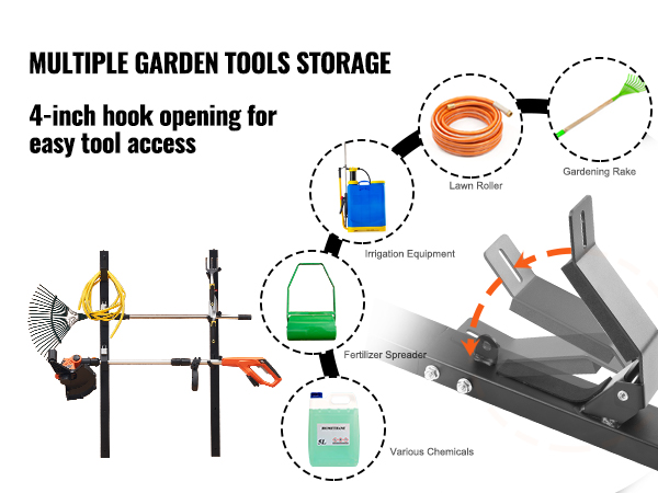 multiple garden tools stored on a VEVOR trimmer rack with 4-inch hook opening for easy access.