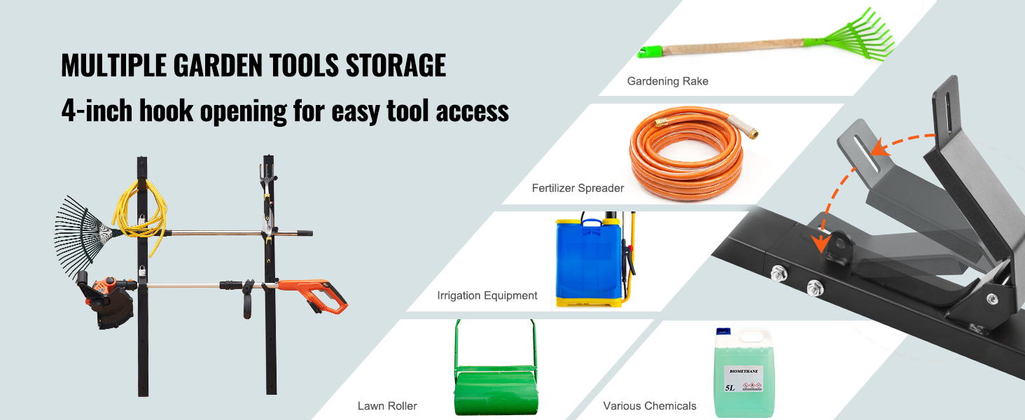 multiple garden tools stored on a VEVOR trimmer rack with 4-inch hook opening for easy access.