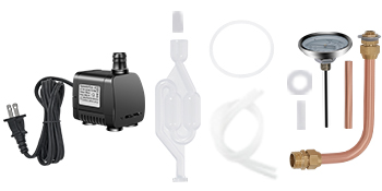 VEVOR water alcohol distiller components with a pump, thermometer, and copper tubing.