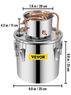 VEVOR distiller kit with stainless steel pot, copper coil condenser, and measurements.