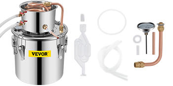 VEVOR distiller kit with stainless steel boiler and copper tubing components.