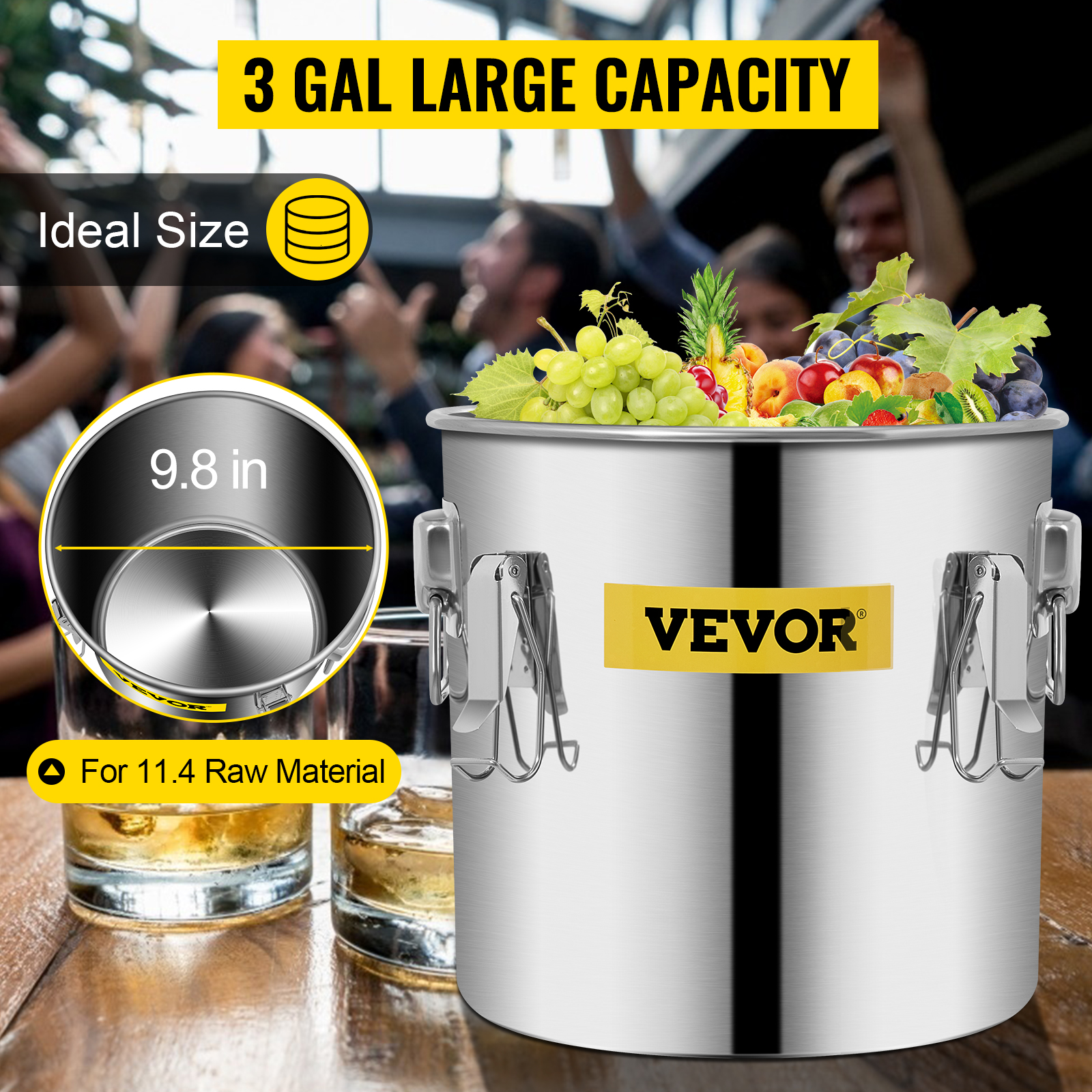 VEVOR distiller kit, 3-gallon capacity, holds 11.4 lbs raw material, ideal 9.8-inch size.