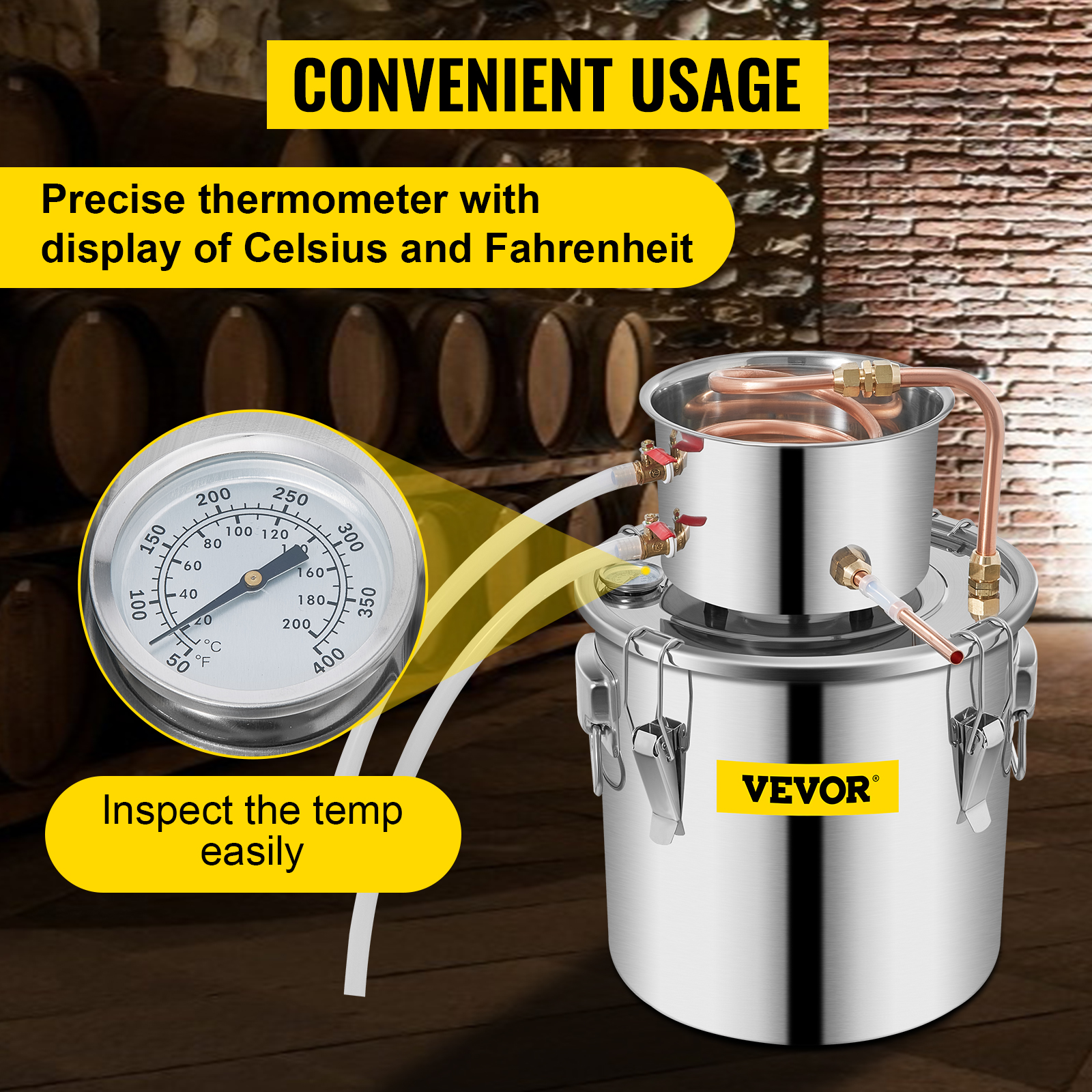 VEVOR distiller kit with precise thermometer displaying celsius and fahrenheit.
