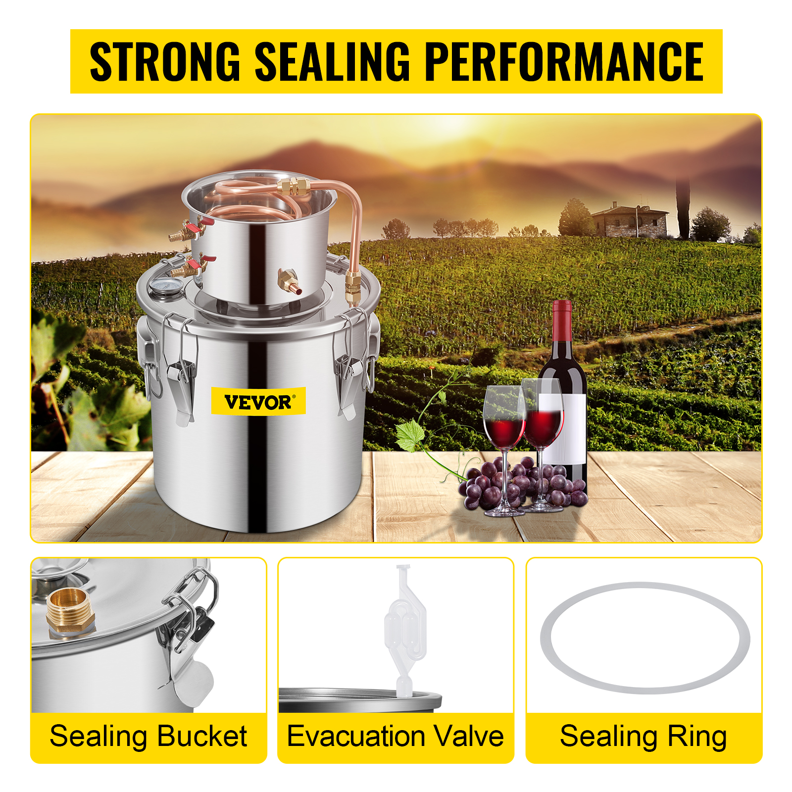 VEVOR distiller kit featuring sealing bucket, evacuation valve, and sealing ring.
